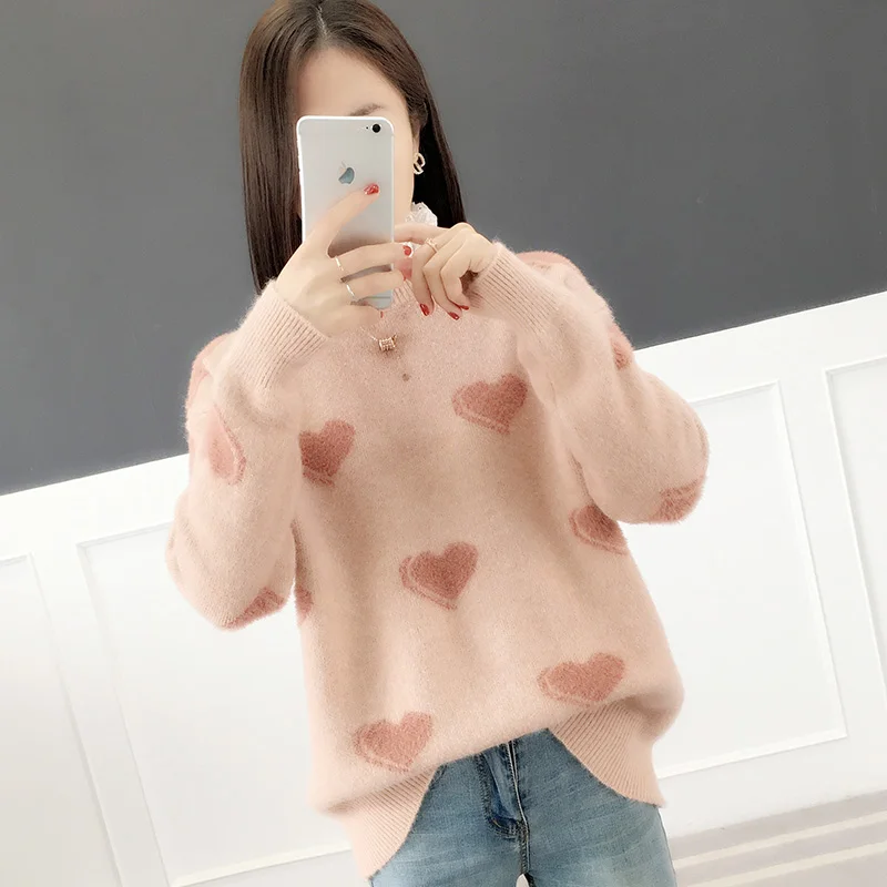 Свитер с сердечками кавайный шерстяной мохеровый бархатный женский пуловер