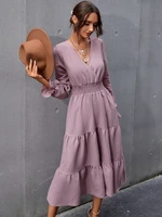 women vintage ruffled draw back a line party dress flare sleeve sexy v neck solid casual dress 2021 autumn new fashion dress