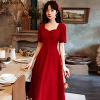 kaunissina women cocktail dress solid square collar short sleeve buttons knee length wine red party gown homecoming dresses