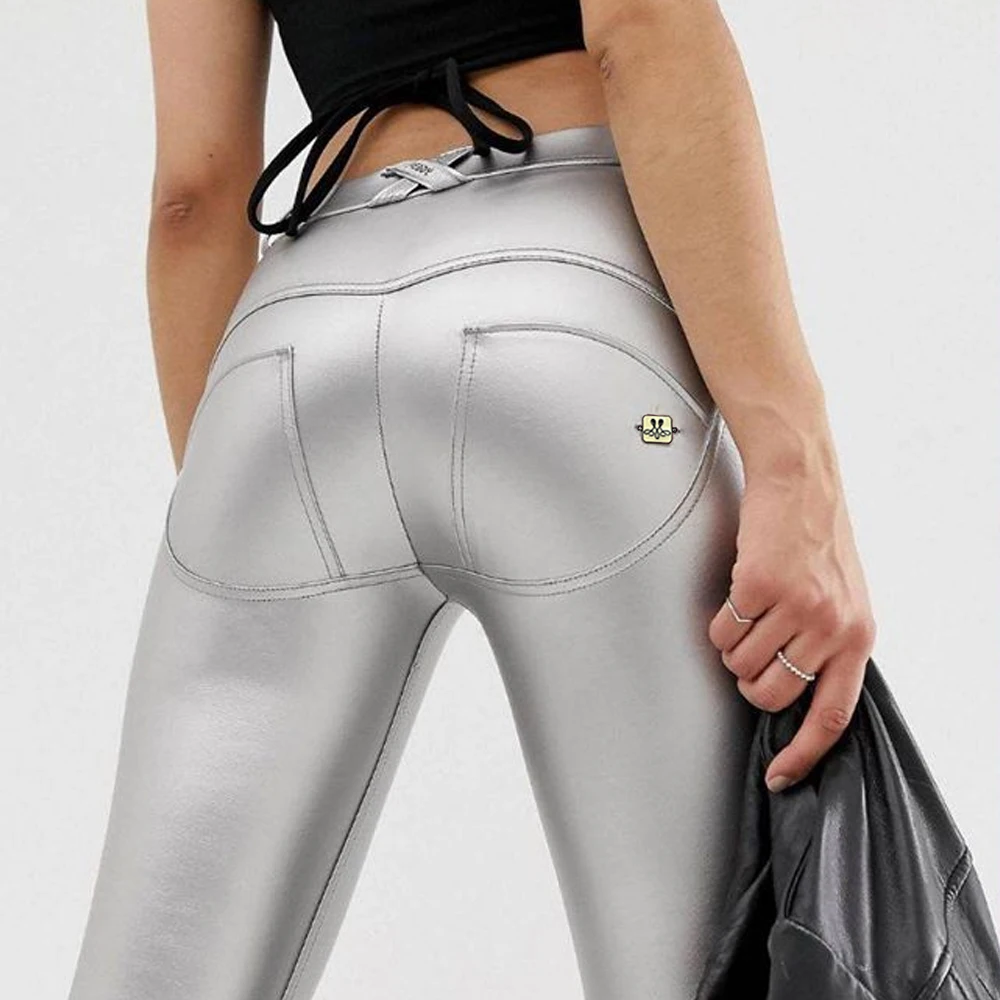 

Melody faux leather glitter women leggings metallic silver skinny jeans woman shapewear for buttocks gym leggings casual