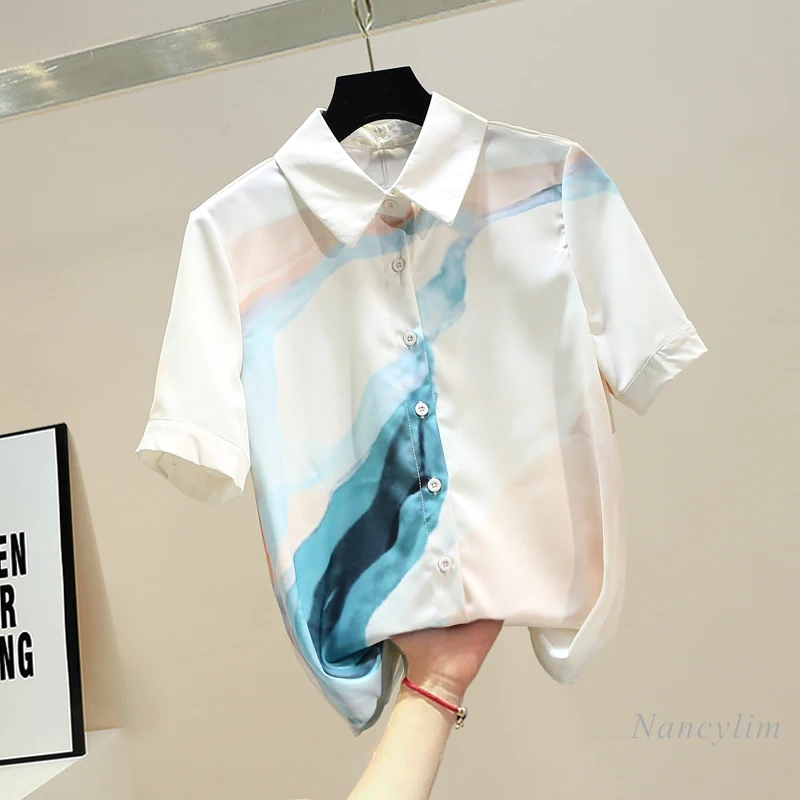 

Short Sleeve Shirt Women 2021 Summer New Retro Fashion Ink Printing Blouse Casual All-Match Top Female Cloting