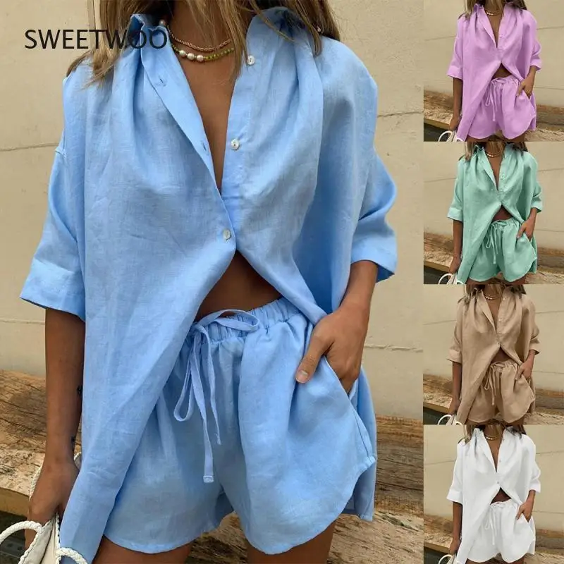 

European and American New Style 2021 Women's Solid Color Single-Breasted Short-Sleeved Shirt Shorts Loose Fashion Casual Suit