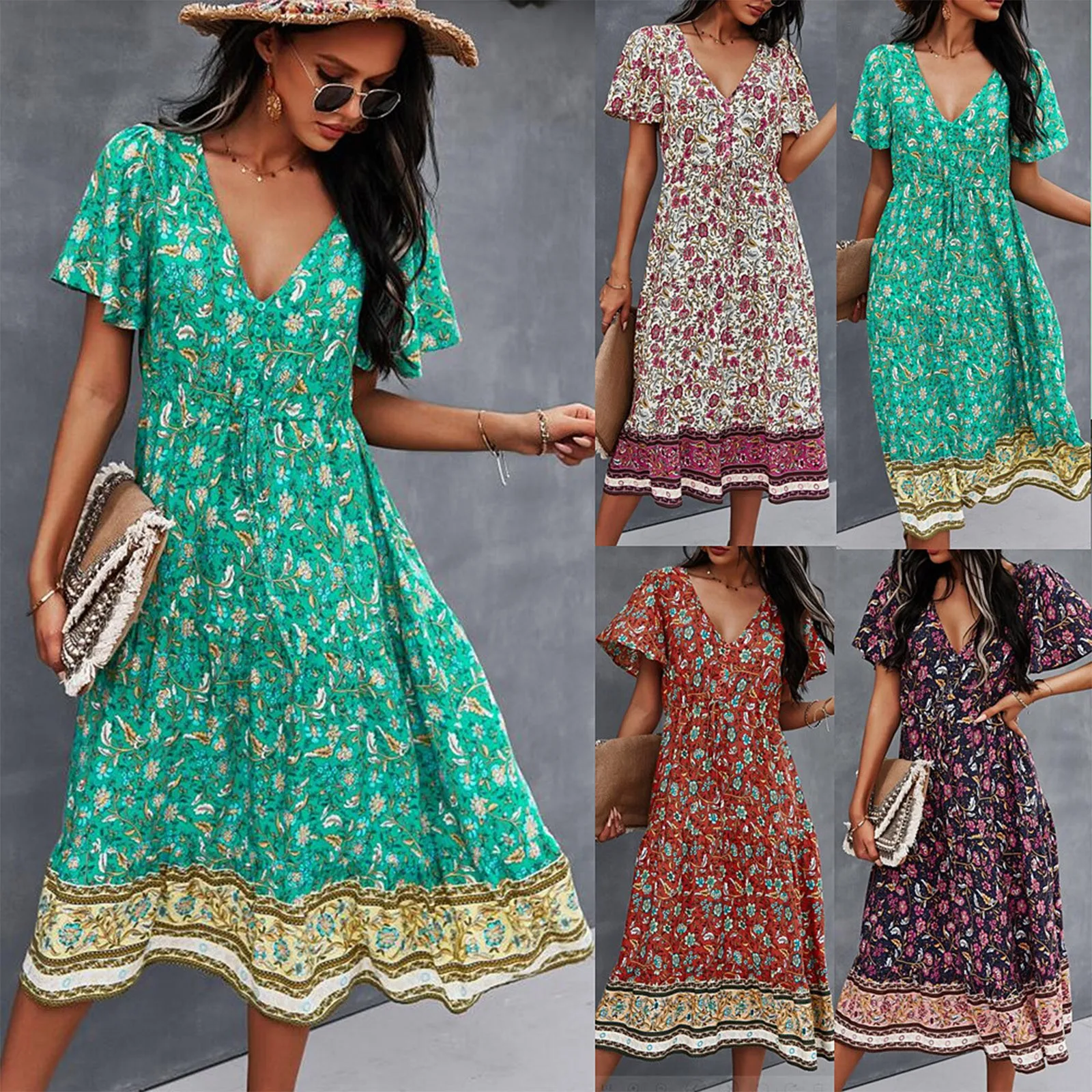 

L#2021 Spring Summer Woman's V-collar Printed Belt Long-style Short-sleeved Bohemian Beach Dress Robe Vestido De Mujer