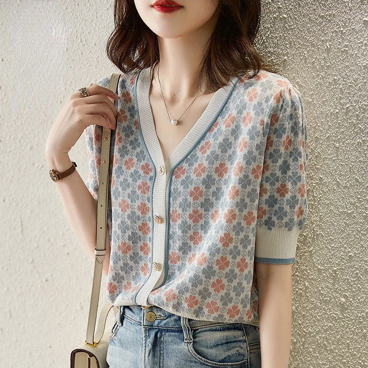 

2021 Fashion Trend Korean, Elegant Jacquard Sweater Knitted Shirt Women's Summer Thin New Bubble Sleeve Jacket