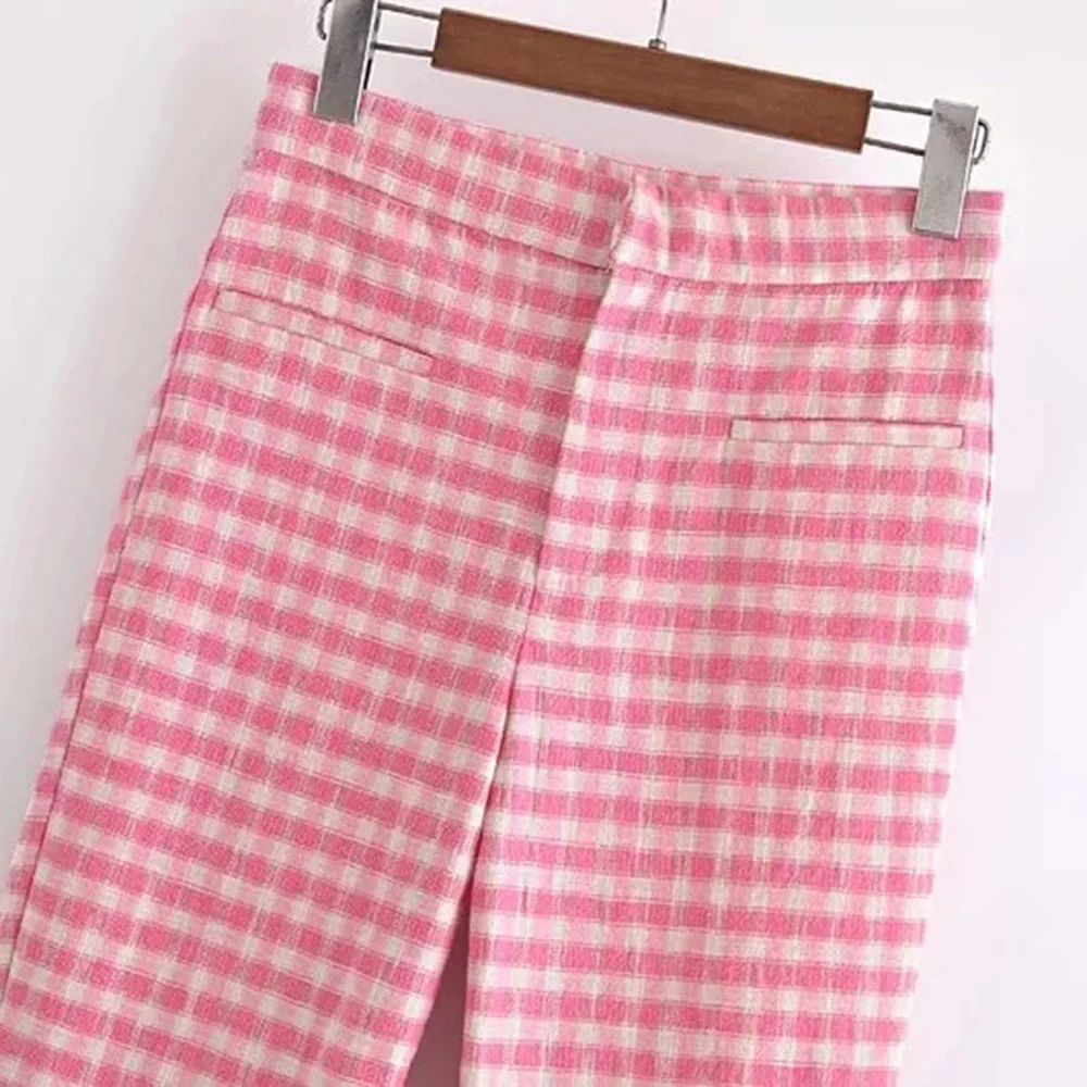 

XEASY 2021 Tweed Summer Women Vintage Two-Piece Set Sweet Plaid Slim Square Collar Shirt High Waist Casual Trousers Pants Set