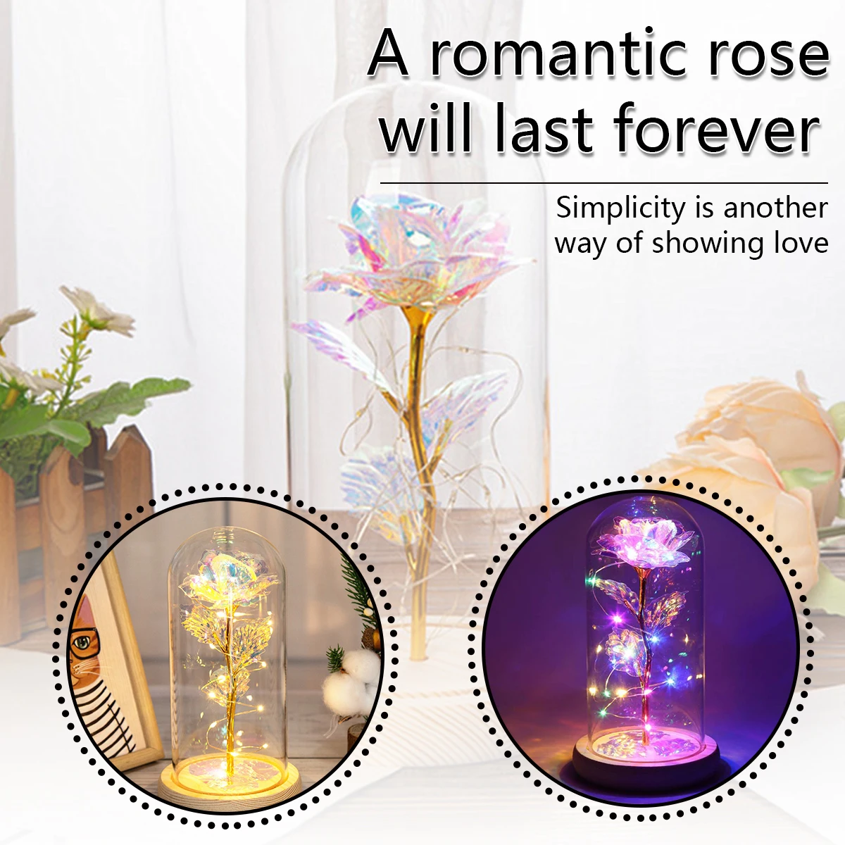 

Beauty And The Beast Rose Light 3 Lighting Modes LED Rose Flowers In Glass Artificial Gold Foil Galaxy Rose Lamp Battery Powered