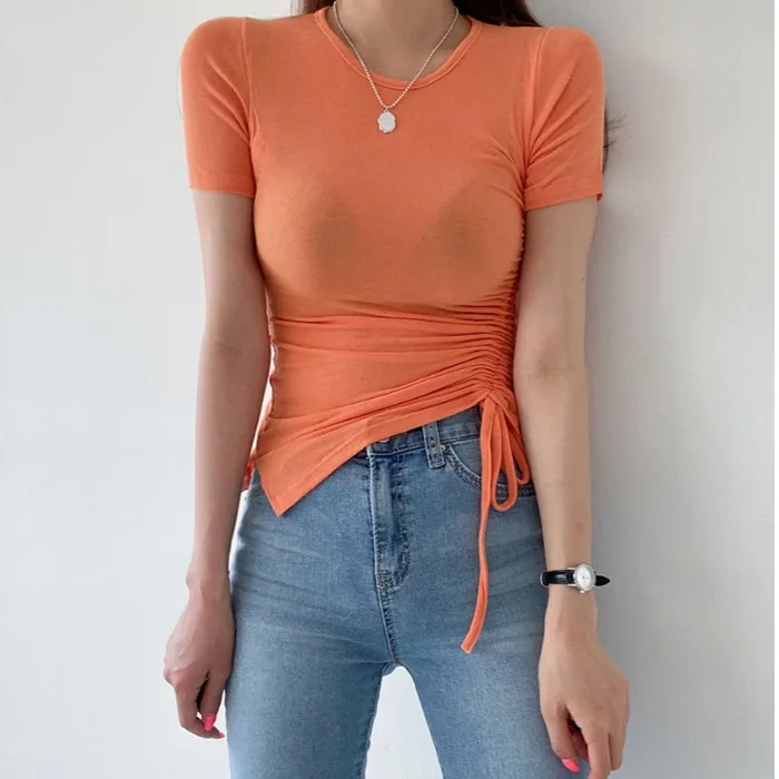 

Кружевная футболка Ppshd в Корейском стиле ретро Instagram со шнуровкой Женская универсальная облегающая футболка с коротким рукавом и завязками ...