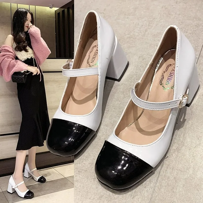 

Женские универсальные туфли на толстом каблуке, универсальные туфли на толстом каблуке, с круглым носком, в Корейском стиле ретро, весна-осе...