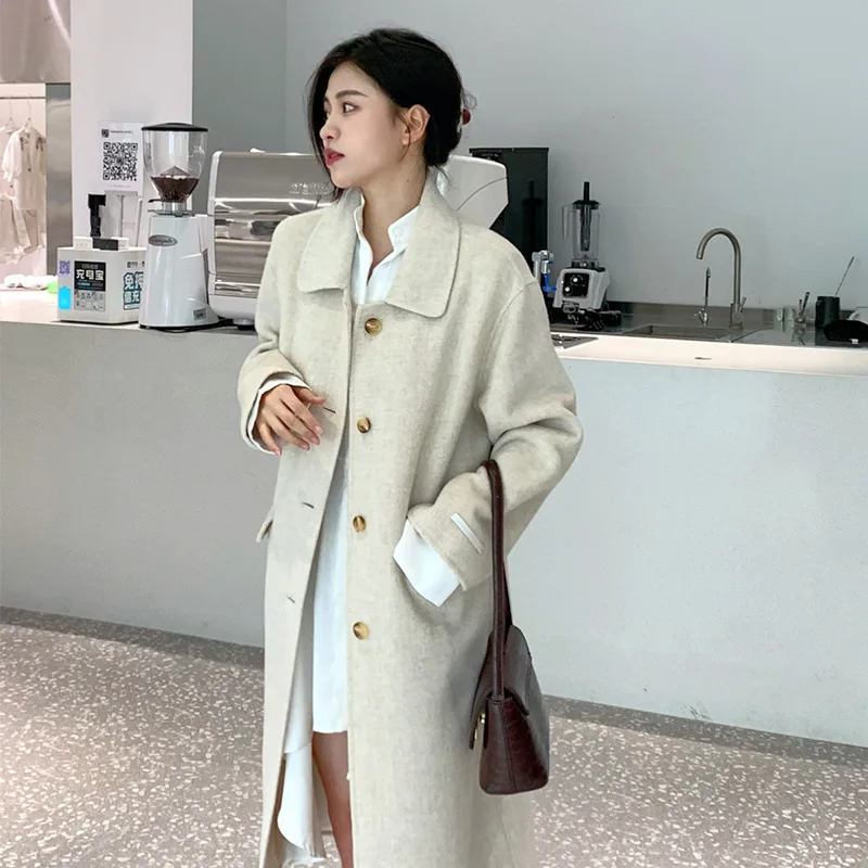 

Office Lady Casual New Solid Color Loose Fit Wool Coat With Pockets Womens Elegant Turn-down Collar Single-breasted Outerwear