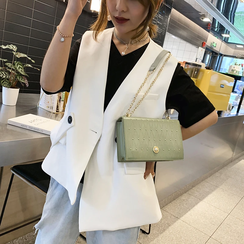 2019 ПУ кожа заклепки дизайн сумки на плечо для женщин маленькая цепь кошелек сумка