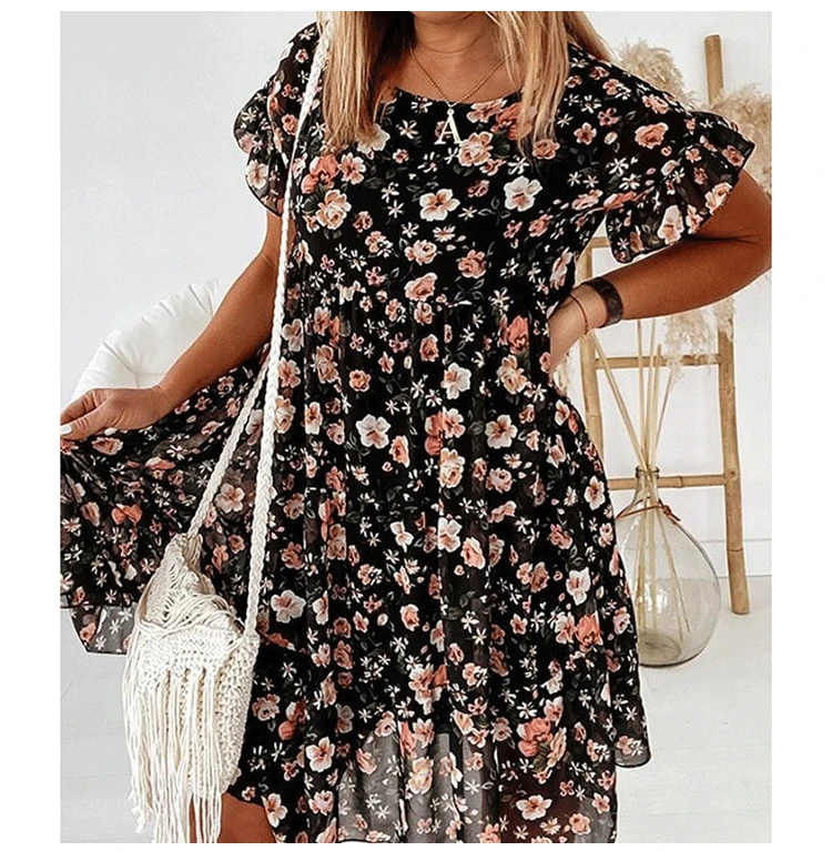 

Tops Long Dress Elegant Sweet Women Summer Fashion Loose Print Floral Flouncing Sleeve Butterfly Sleeve O Neck Plus Hem Vestidos