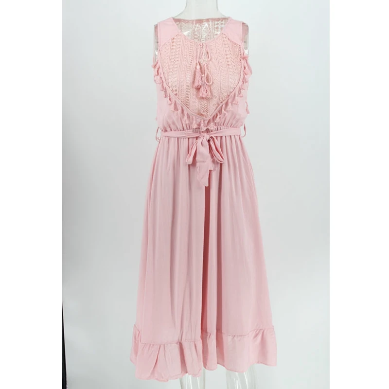 

WEPBEL Summer Sexy Sleeveless Bandage Dress Women's Casual V-neck Hollow Out Stitching Tassel Ruffle Dress