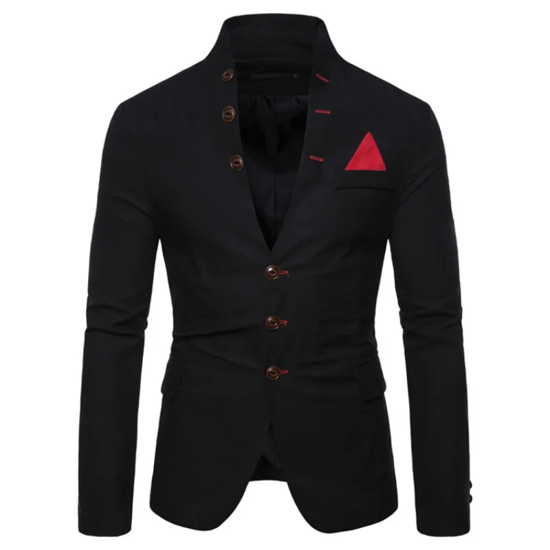 2020 Spring Men's Stand Collar Button Decoration Slim Fit Blazer / Male High Quality Casual Solid Color Suit Jacket Coat | Мужская