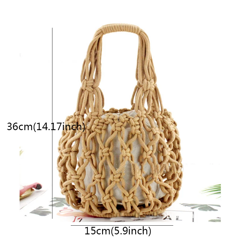 

Handmade Thick Cotton Hollow Out Woven Bags for Women Casual Network Beach Bag Fashion Bucket Lady Handbag Shopping Bag 2021