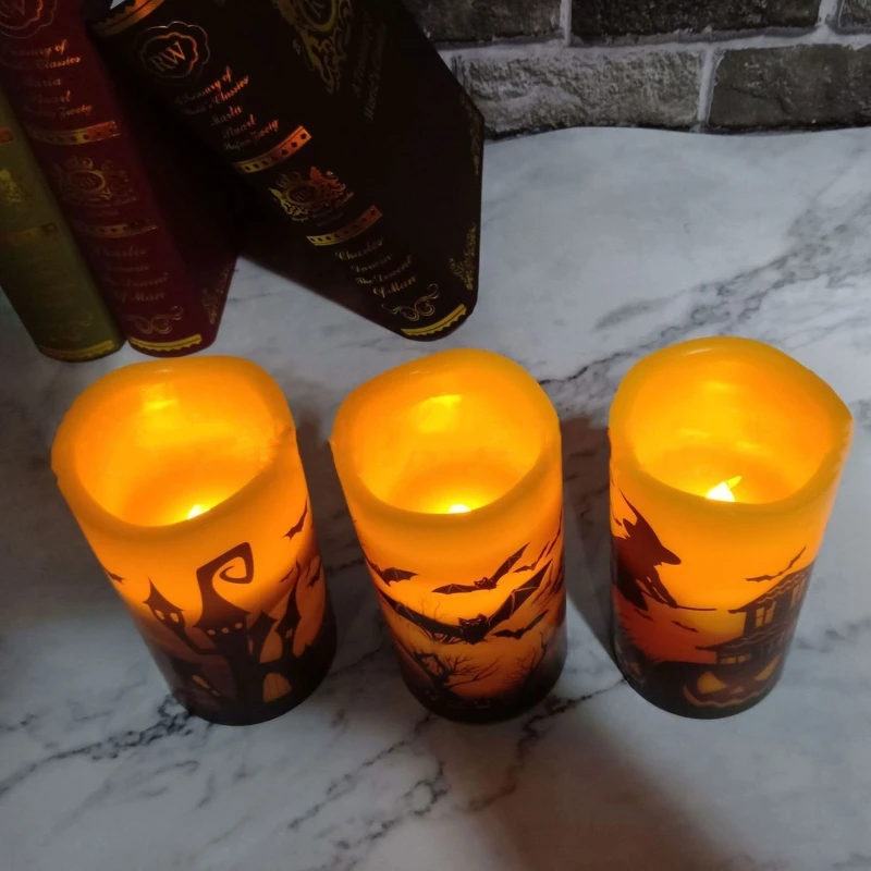 

3pcs Flameless Flickering Candles Battery Operated LED Pillar Light Halloween Castle Witch Bats Decoration