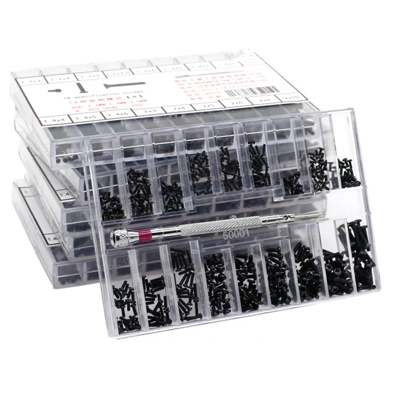 

500pcs Black Micromachined Screw Assortment Kit Box18 Size M1.2 M2 Flat/round /button Head Screw Set for Computer Repair Tool