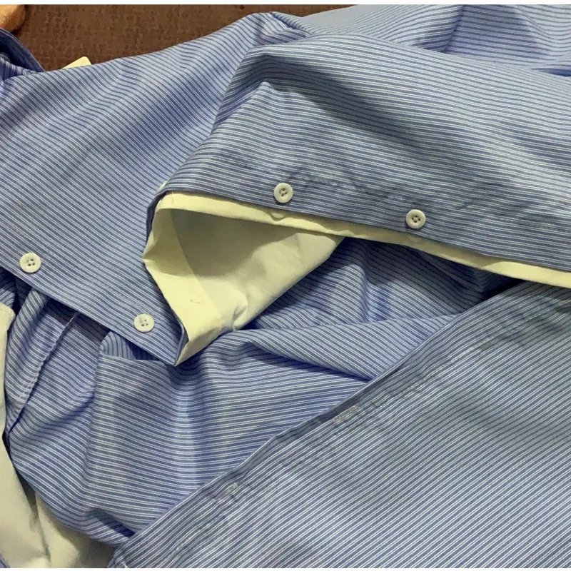 Лоскутные рубашки синяя полосатая рубашка с длинным рукавом Женская Корейская