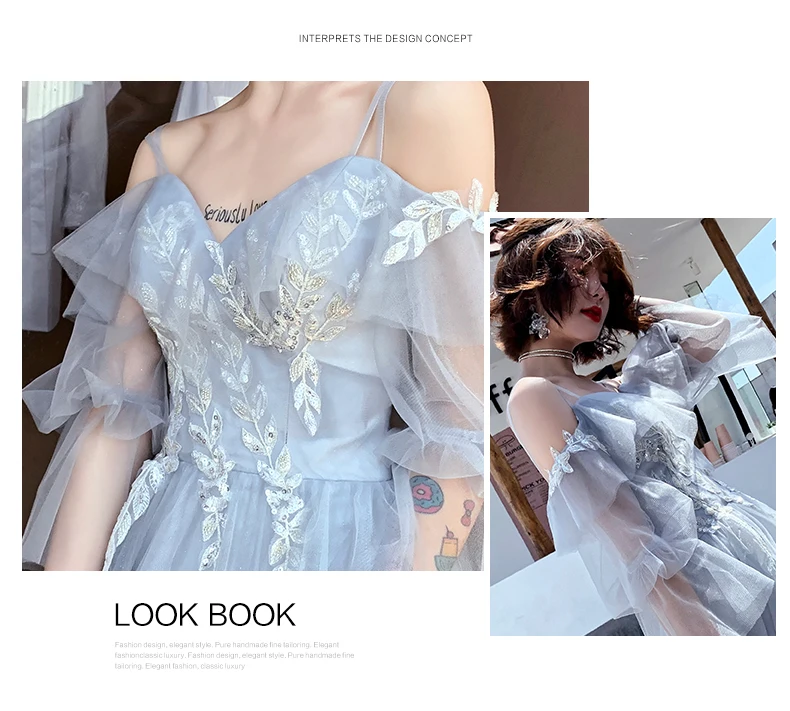 

Freeship light grey leaf vine embroidery lantern sleeve dream fairy long dress studio/stage/chorus/Victorian dress