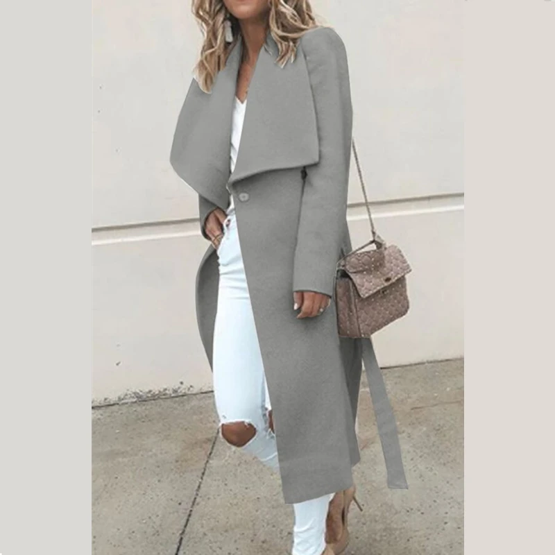 Женское длинное пальто с отложным воротником на осень и зиму белое серое черное