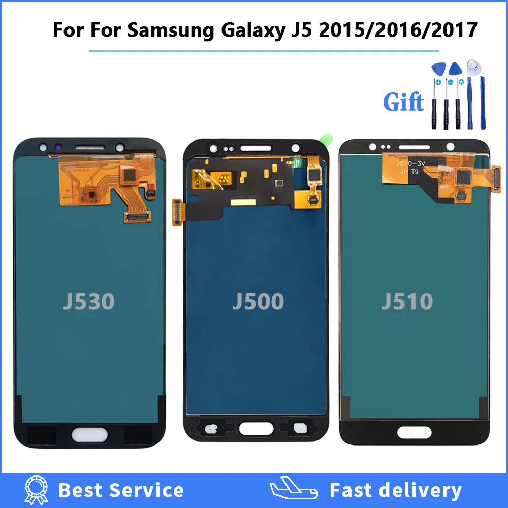 ЖК-дисплей с регулируемой яркостью для Samsung Galaxy J5 2016 2017 2015 J530 J510 J500, ЖК-дисплей с дигитайзером сенсорного экрана в сборе с инструментом