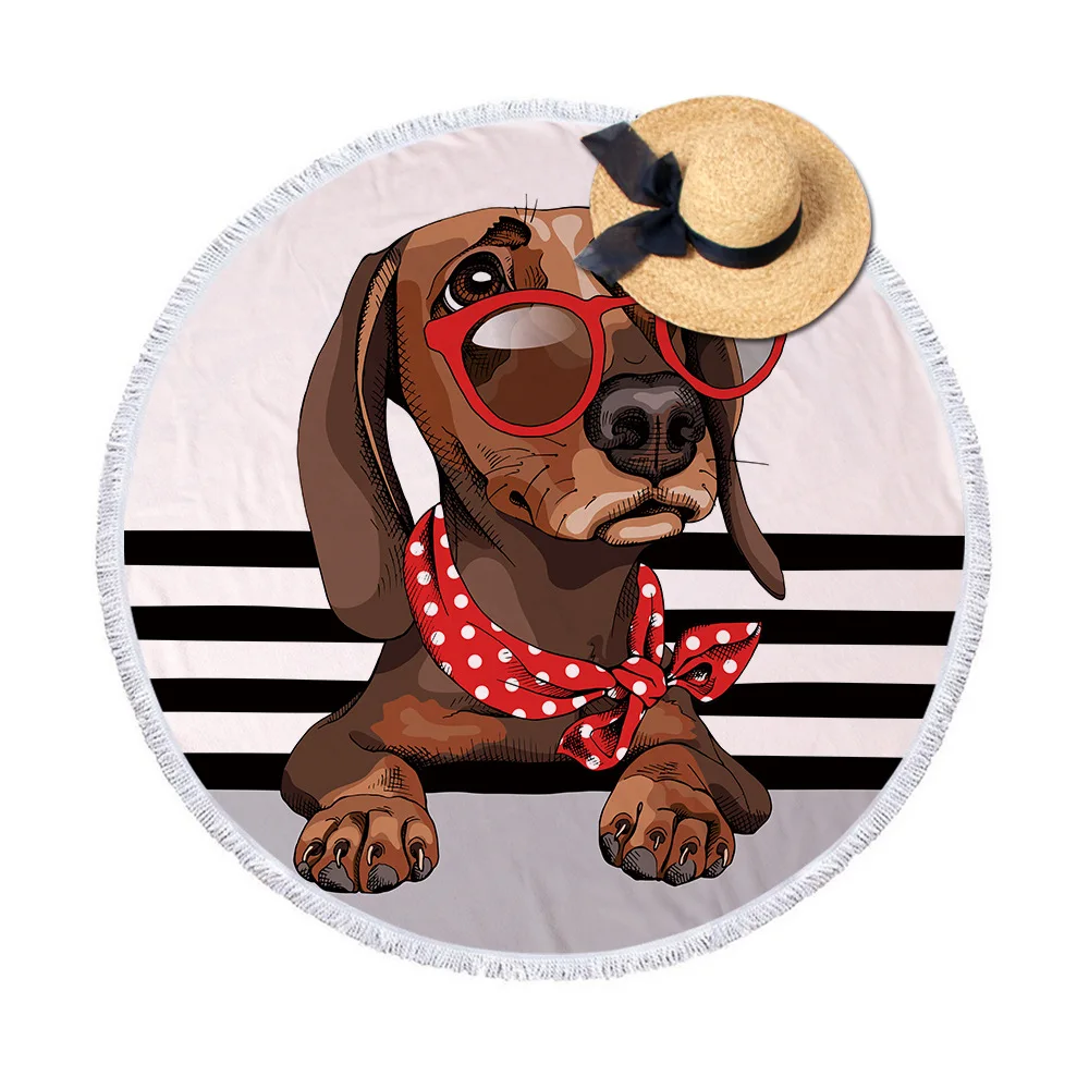 Круглое пляжное полотенце с мультяшной собакой кисточками из микрофибры одеяло