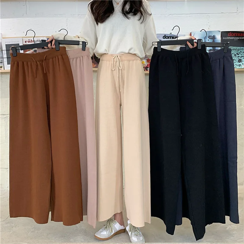 

Women Autumn Winter Thin Knit Trousers Solid Wide Leg Loose Pants Ankle Length Pants Casual Trouser Elastic Waist Pants