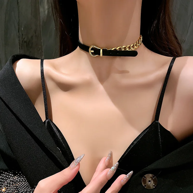 

IngeSight.Z Punk Gold Color Link Chain Short Choker Adjustable Black PU Leather Necklaces Collar for Women Neck Jewelry Collier