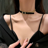 ingesight z punk gold color link chain short choker adjustable black pu leather necklaces collar for women neck jewelry collier