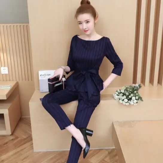 Синий Полосатый офисный комплект из двух предметов женские топы с длинным