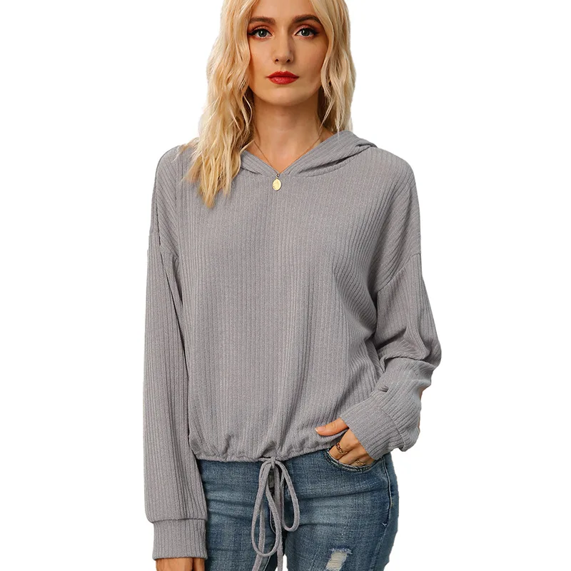 Hoodie Long Sleeve Solid Color Loose Sweatshirt Pit Drawstring Lacing Up Hoodies Women Causal Fashion Sport Women Sweetshirts