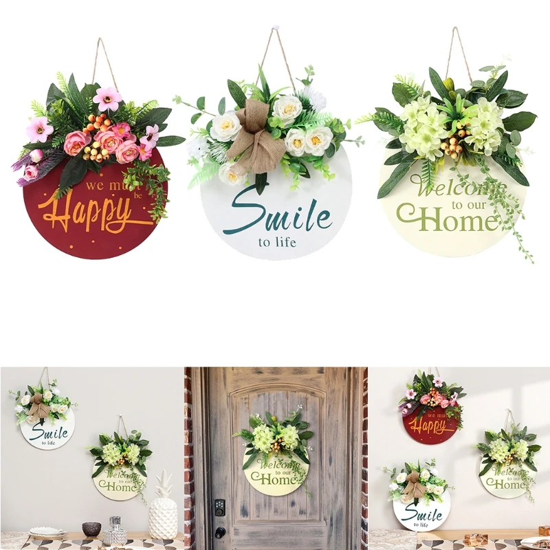 

900A Front Door Wreath Wooden Hanging Sign with Flower Eucalyptus Wooden Hanger Outdoor Decorations for Home Farmhouse Porch