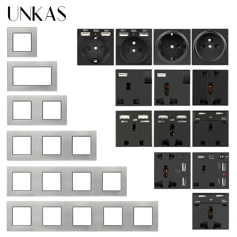 

UNKAS Stainless Steel Panel EU French Socket Dual USB Charger Universal 5 Hole LED 3 Hole UK DIY Modules Free Combination Outlet