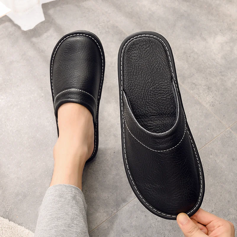 

Black Leather Slippers Men Indoor Shoes Plus Size 47 48 Unisex Precision Stitching Fashion Shoes Male Slippers Bedroom Slides