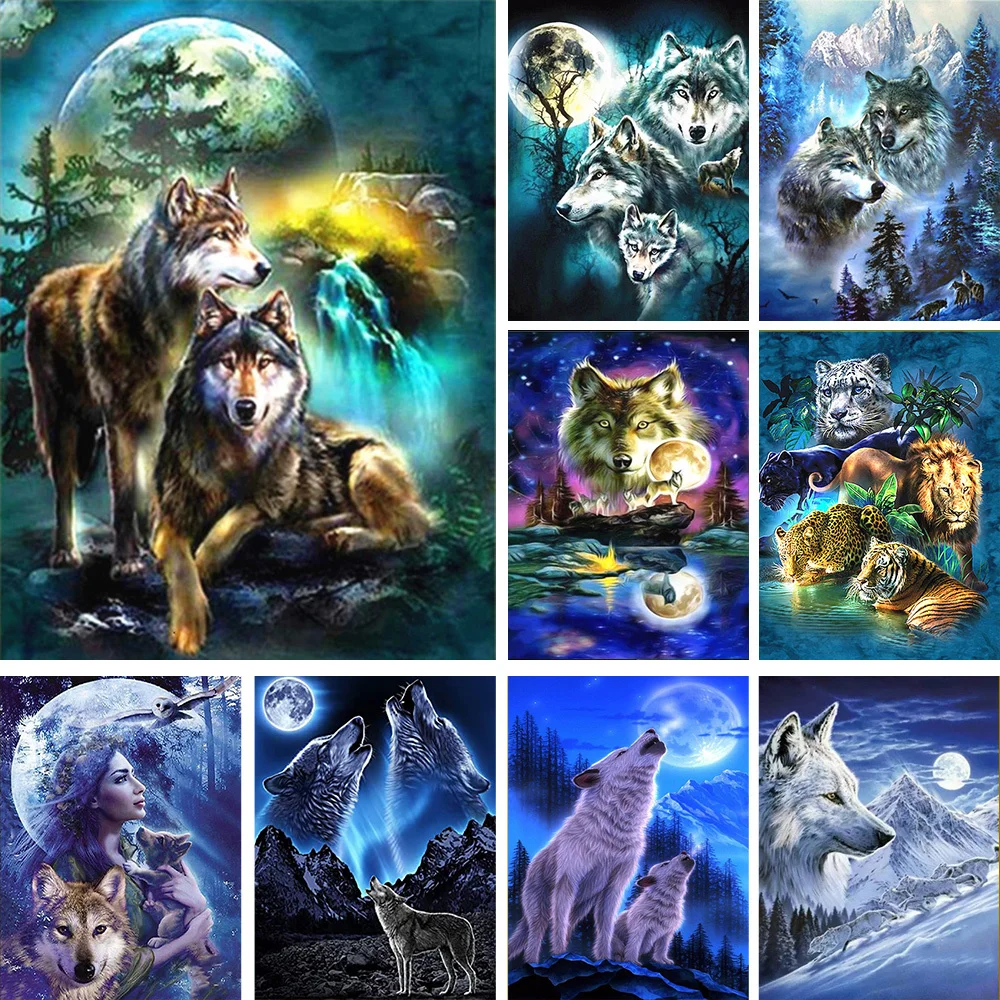 

Moon And Wolf DIY Embroidery 14ct Metallic aida Cross Stitch Kits Craft Needlework Set Cotton Thread Canvas Home Decoration