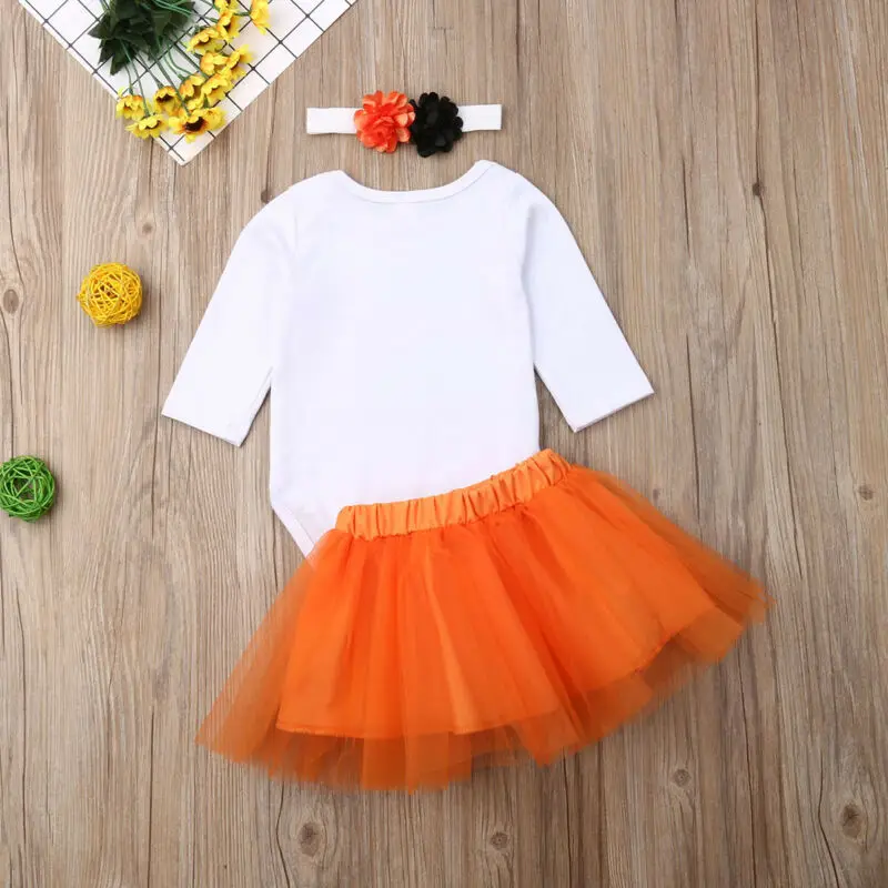 2 шт. детский белый комбинезон с длинным рукавом + Оранжевая Кружевная юбка пачка