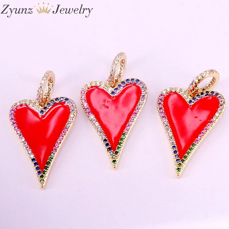 

5PCS, Metal with rainbow zircon red enamel heart pendant charms Gold Color cz pendant jewelry NEW fashion accessories