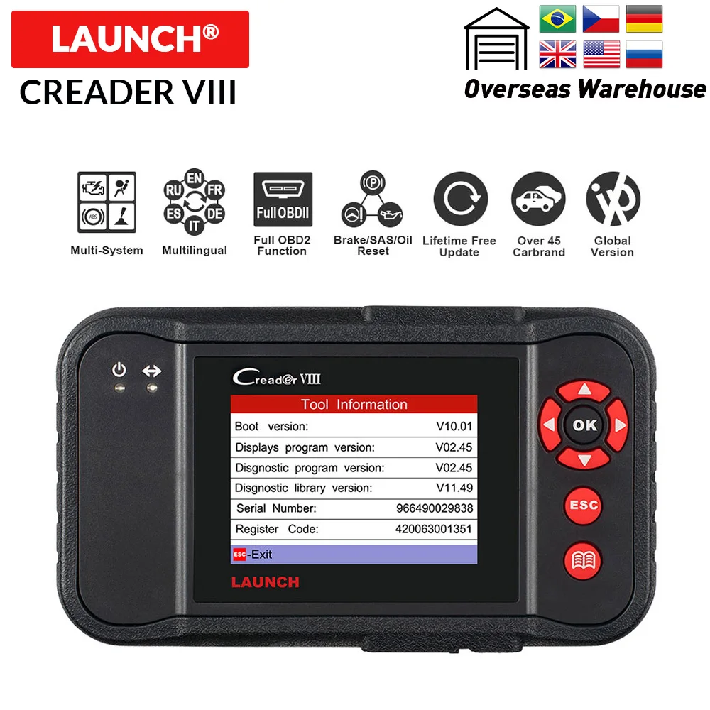 Launch Creader VIII диагностический инструмент obd2/eobd считыватель кодов Сканер Поддержка двигателя/АБС-пластик/ПП/по телефону+ тормоз/масло/SAS rese бесплатного обновления