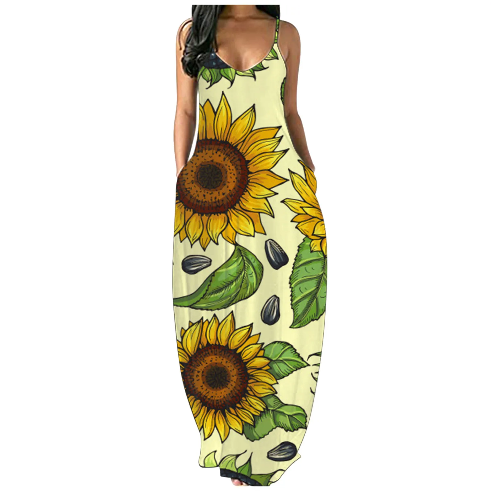 

Wear For Woman Comfortable Women Sunflower O-neck Flower Print Sleeveless Plus Size Pullover Long Dresses Free Shipping