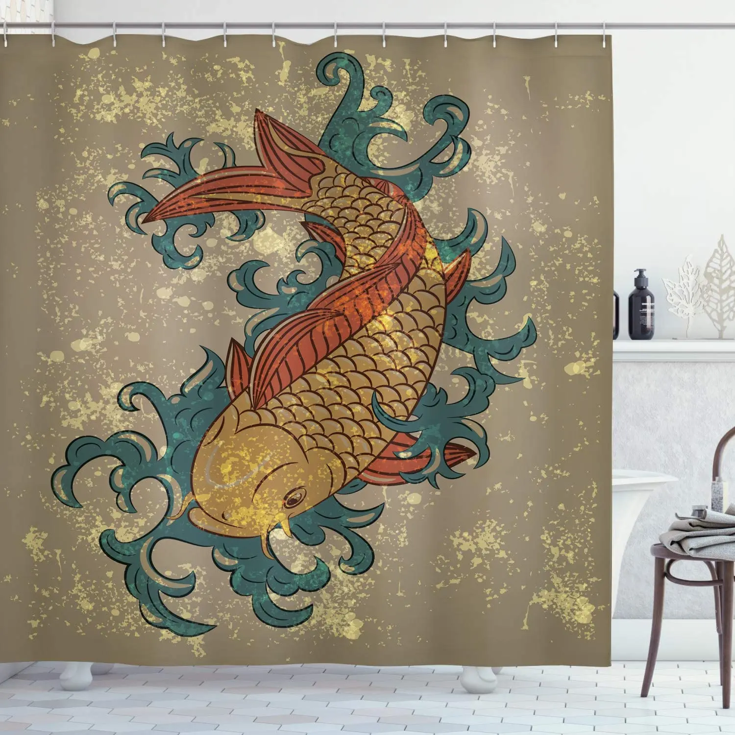 

Japanese Shower Curtain Grunge Style Oriental Water Koi Carp Fish Aquatic Theme Distressed Pattern Bathroom Decor Set with Hooks