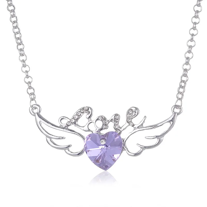 Украшенное кристаллом фиолетовое ожерелье в форме сердца Ангел ожерелья крылья