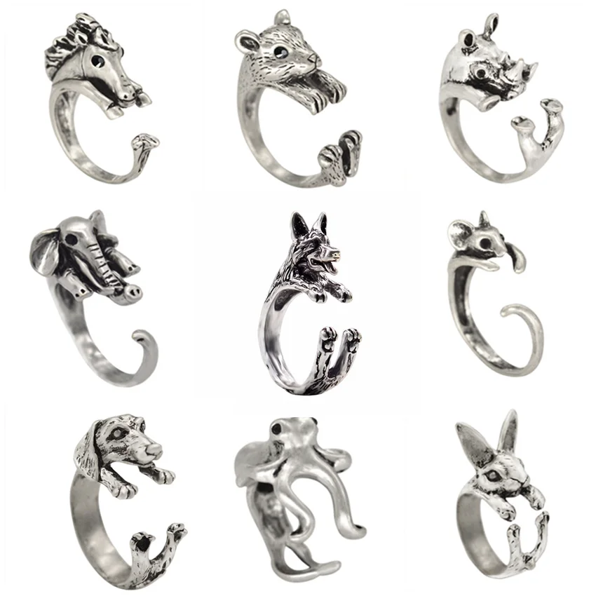 

Kinitial Antique Womens Animal Series Retro Ring Punk Style Finger Rings for Women Wrap Animal Dog Mouse Horse Cat Rings Bijoux
