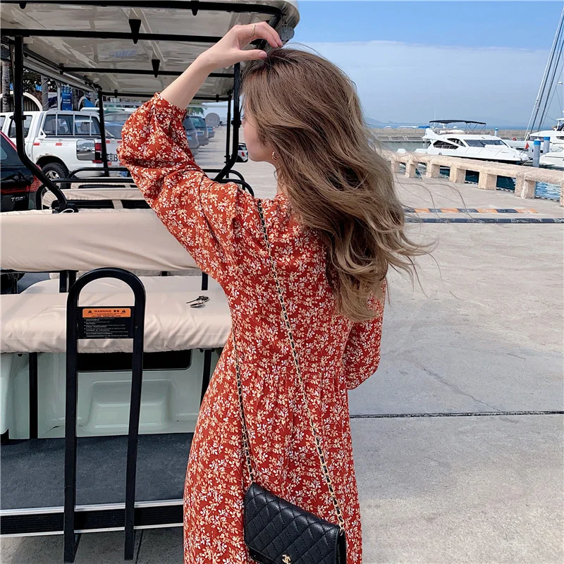 

With High Quality Red Small Floral Long Dress B020-Q