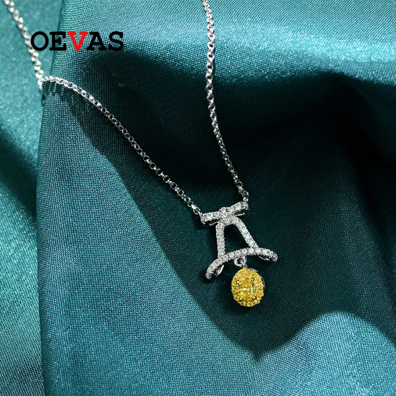

OEVAS 100% 925 Sterling Silver 3*4mm Oval Yellow High Carbon Diamond Little Bell Pendant Necklace For Women Christmas Gift Party