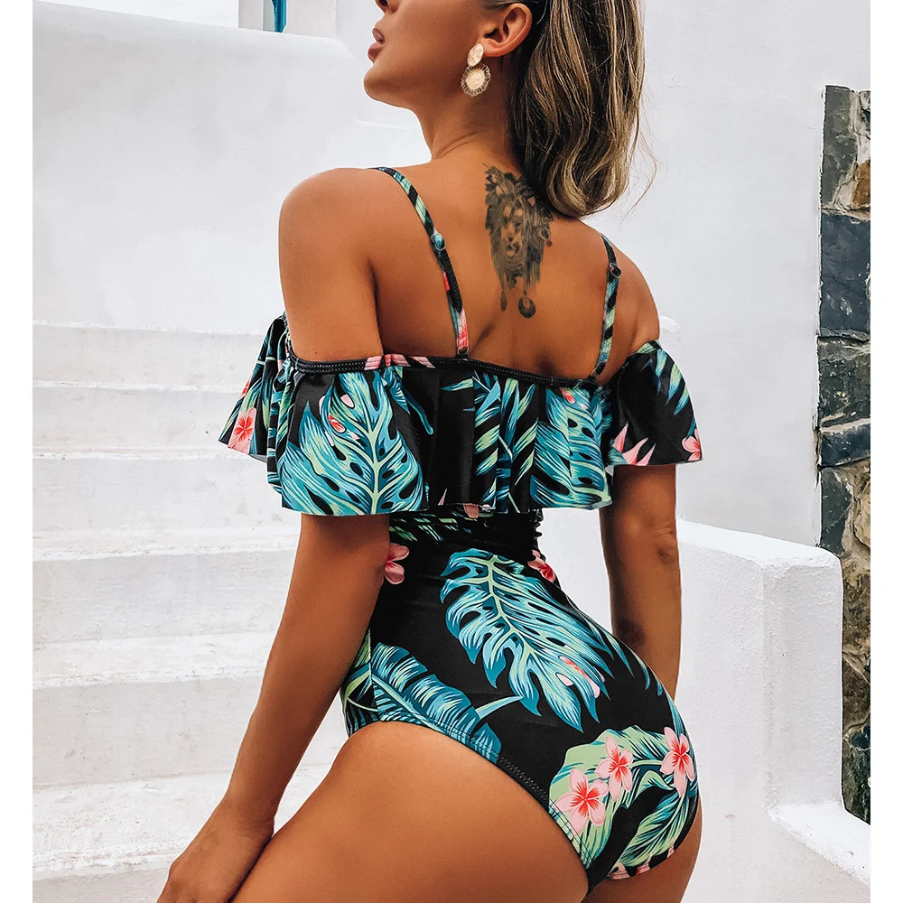 2021 Sexy One Piece Swimsuit Classic Off Shoulder Women Swimwear Ruffle Monokini Retro Floral Bodysuit Vintage Bathing Suit Girl | Спорт и