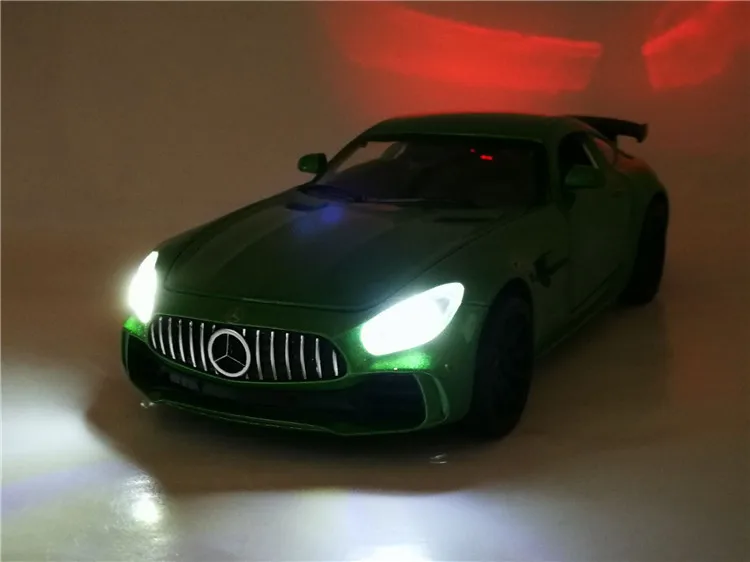 1/32 литой спортивный автомобиль из сплава, модель Benz AMG GTR, вытяжной светильник со звуком, литые игрушки, модели автомобилей для детей, подарки на день рождения