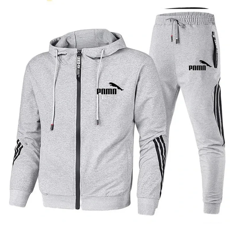 

Autumn and winter new men's cotton printed hooded zipper jacket casual suit street fashion stripe youth element sports suit