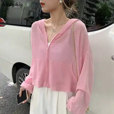 Women Breathable Hoodies Sun-proof Soft Hooded Solid Crop Top Females Summer Sweatshirts Slender Hipster Leisure Zip Up Popular