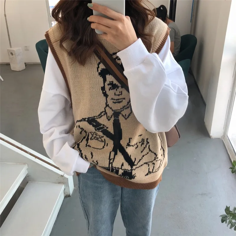 Vintage Cartoon Printed Knitted Sweater Vest Casual Sleeveless Loose Pullover Tank Tops Female Oversized Pullovers Femme