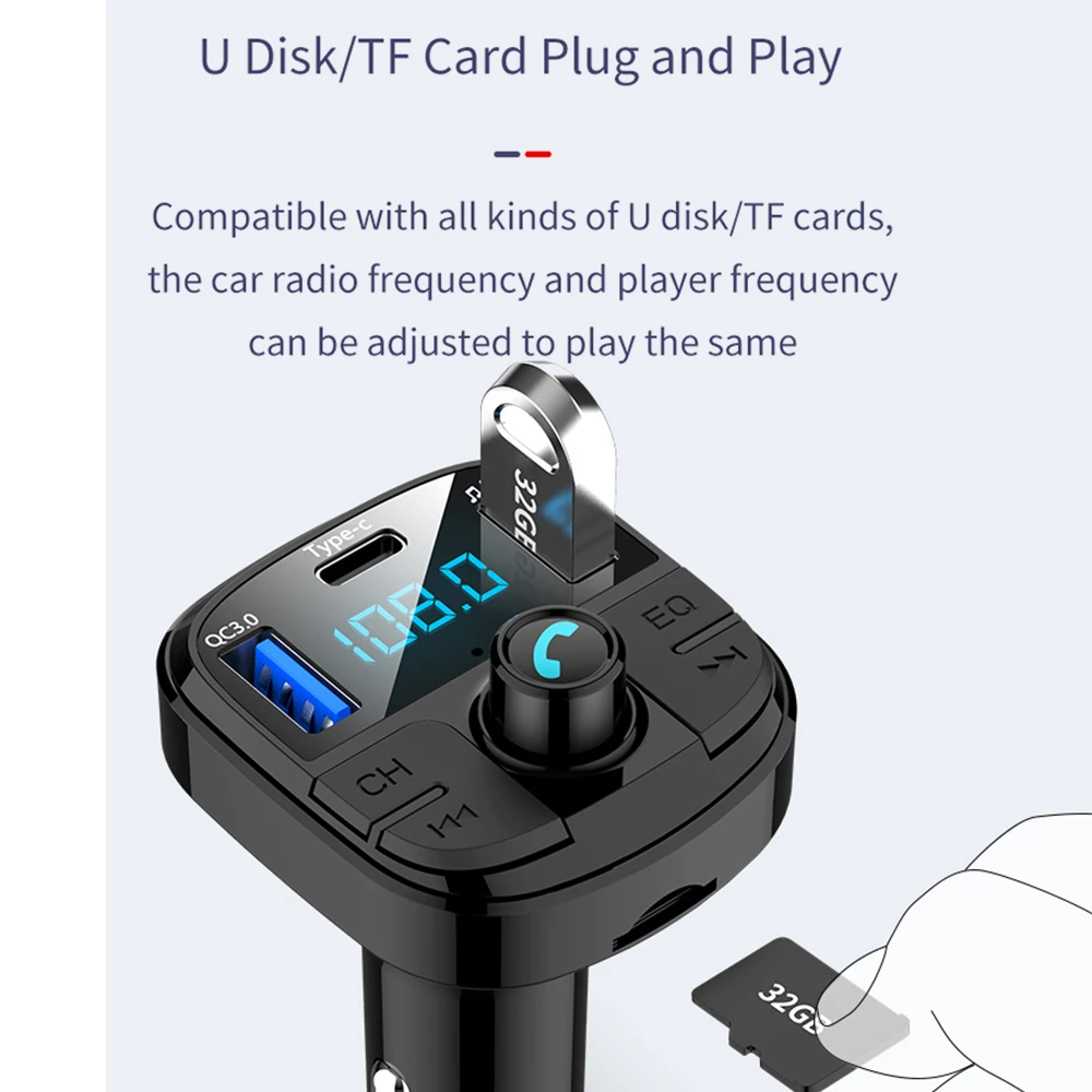 Bluetooth 5,0, Fm передатчик, автомобильный комплект, QC3.0, двойное USB Автомобильное зарядное устройство, светодиодный, решетчатый экран, режим эквалайзера, MP3 модулятор, Новинка
