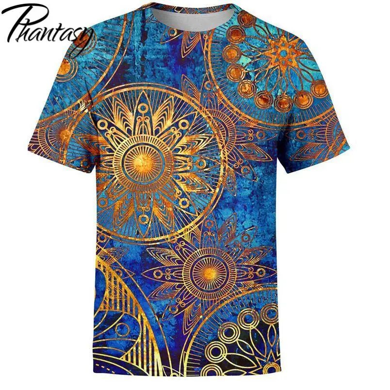 

Phantasy Summer Men's O-Neck Short Sleeve T-Shirt Fashion 3D Abstract Retro Pattern Printed Tops Casual Loose Plus Size Tees